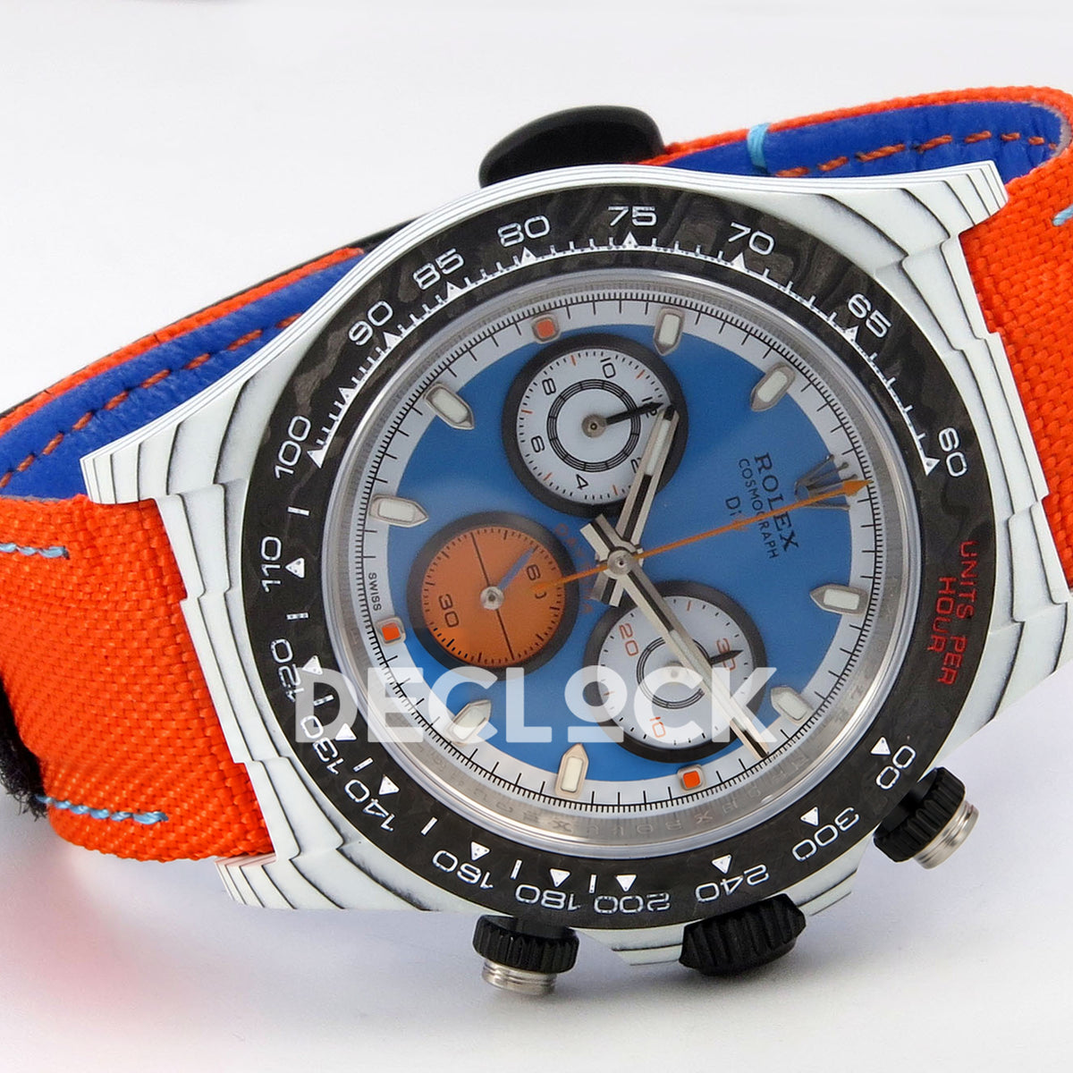 Rolex Daytona DIW Veloce Blue Dial DIWF replica - horizontal front view with orange nylon strap and blue lining