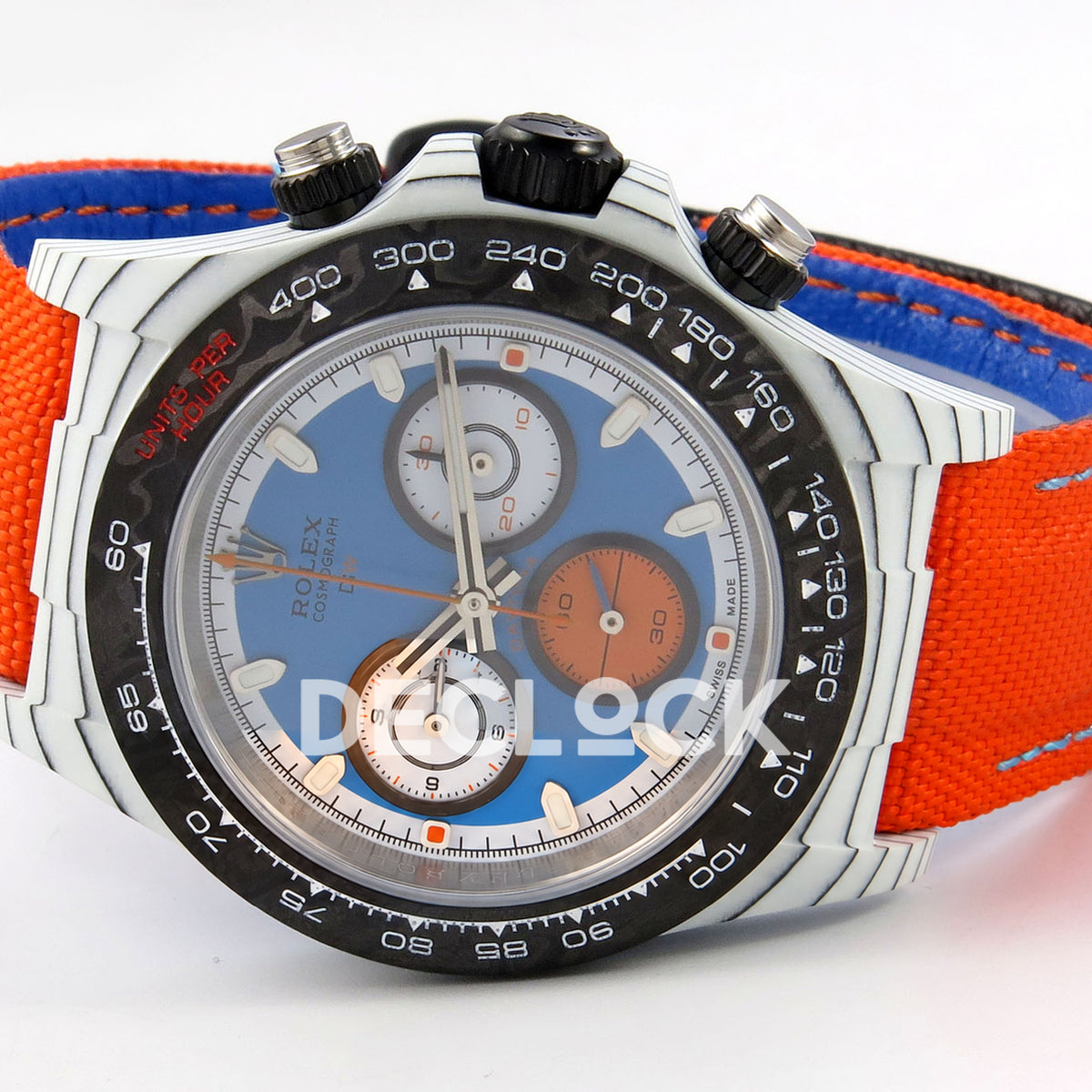 Rolex Daytona DIW Veloce Blue Dial DIWF replica - opposite horizontal front view