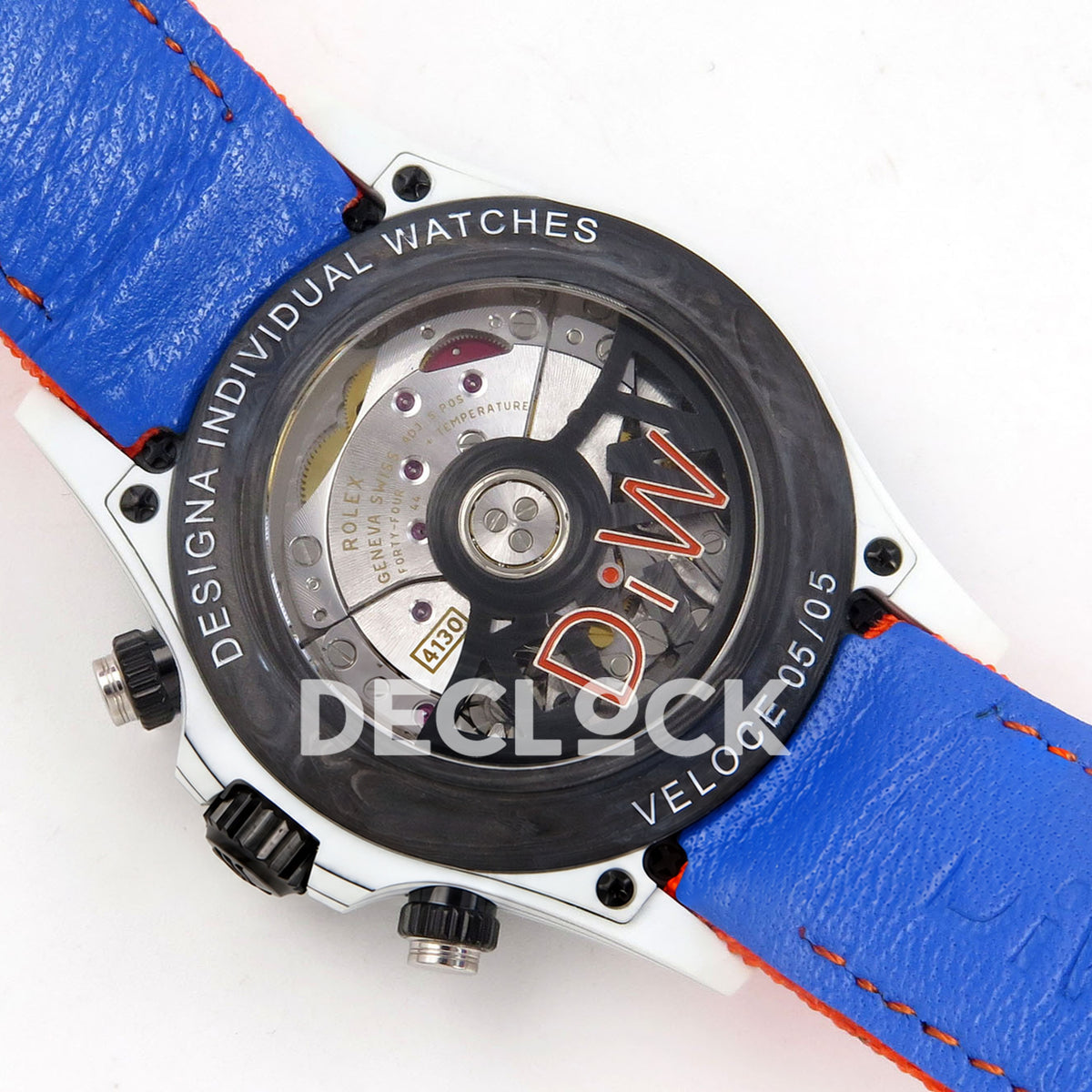Rolex Daytona DIW Veloce Blue Dial DIWF replica - transparent caseback marked Designa Individual Watches and Veloce 05/05