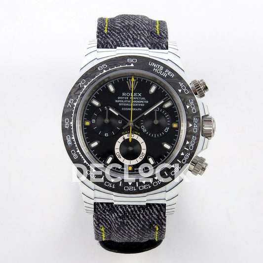 Rolex Daytona DIW White Carbon Black Dial DIWF replica - front view of white carbon case, black dial and gray nylon strap with yellow stitching