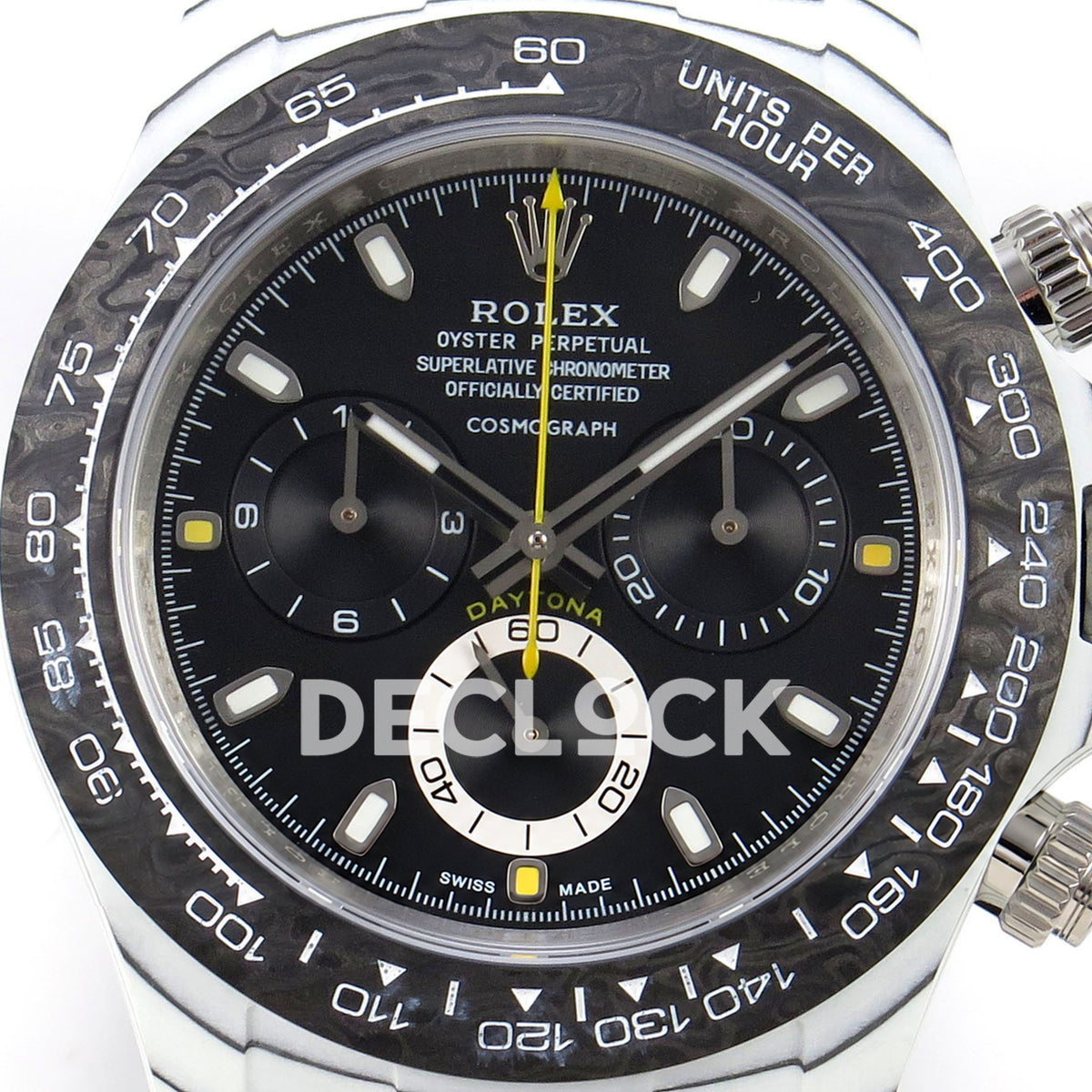 Rolex Daytona DIW White Carbon Black Dial DIWF replica - black dial with yellow accents and white small-seconds ring close-up