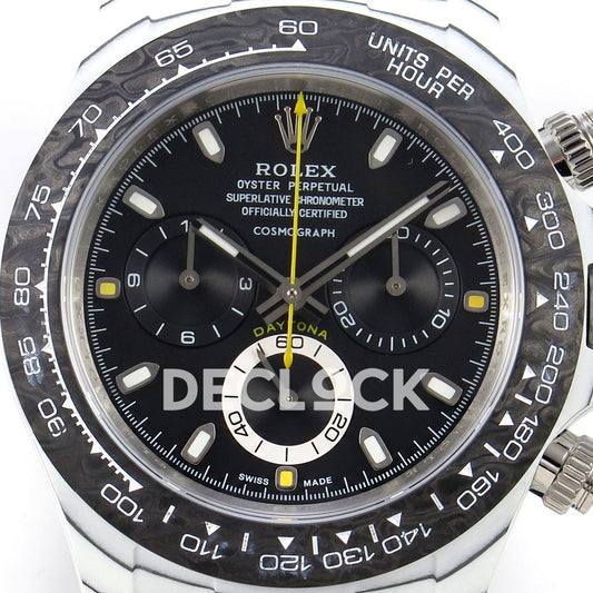 Rolex Daytona DIW White Carbon Black Dial DIWF replica - black dial with yellow accents and white small-seconds ring close-up