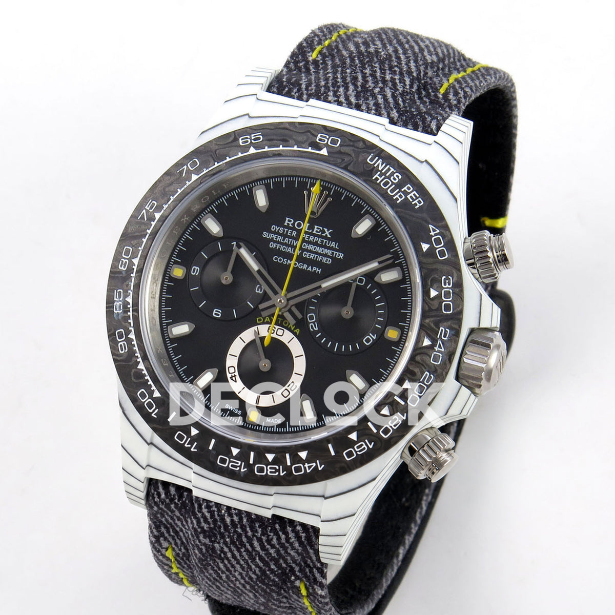 Rolex Daytona DIW White Carbon Black Dial DIWF replica - angled front view of white carbon case and gray woven strap