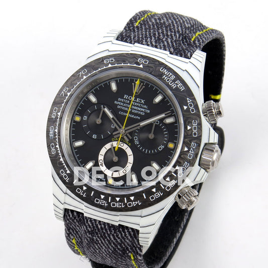 Rolex Daytona DIW White Carbon Black Dial DIWF replica - angled front view of white carbon case and gray woven strap