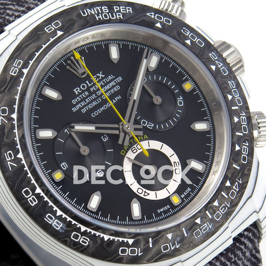 Rolex Daytona DIW White Carbon Black Dial DIWF replica - angled black dial and white tachymeter markings