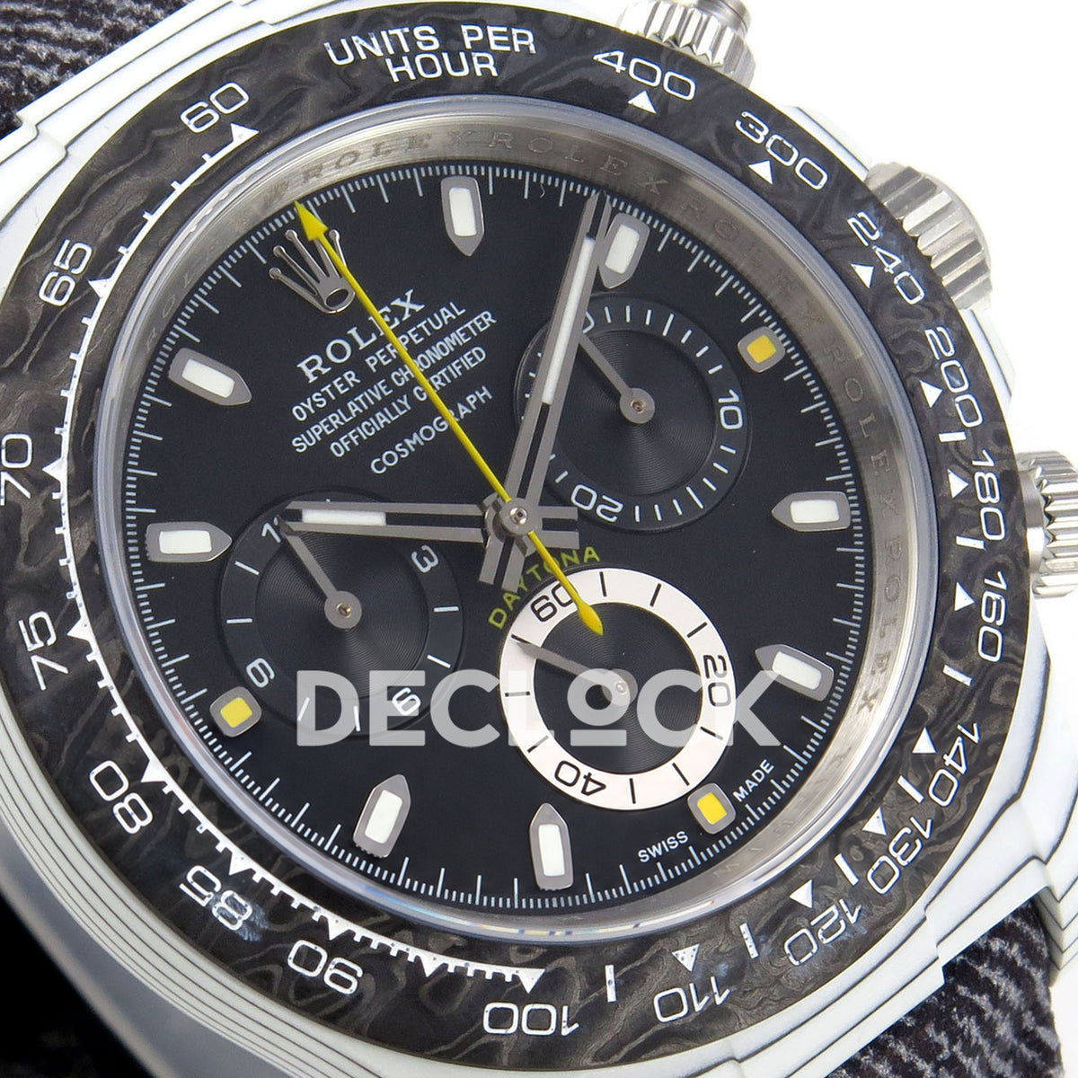 Rolex Daytona DIW White Carbon Black Dial DIWF replica - angled black dial and white tachymeter markings