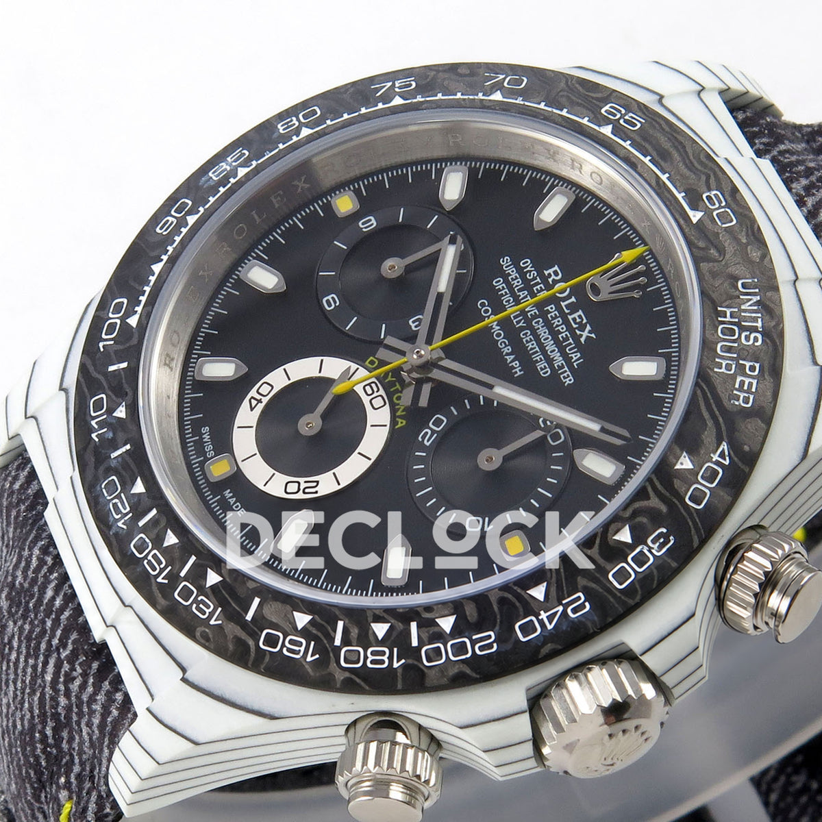Rolex Daytona DIW White Carbon Black Dial DIWF replica - opposite angled black dial and chronograph subdials