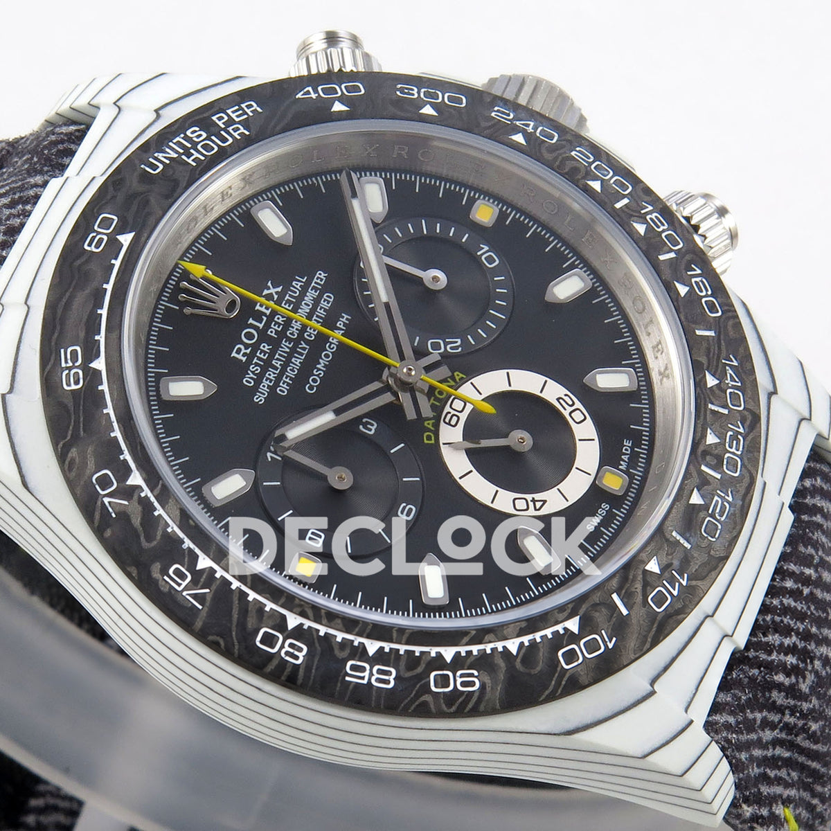 Rolex Daytona DIW White Carbon Black Dial DIWF replica - opposite dial angle with luminous markers and yellow details