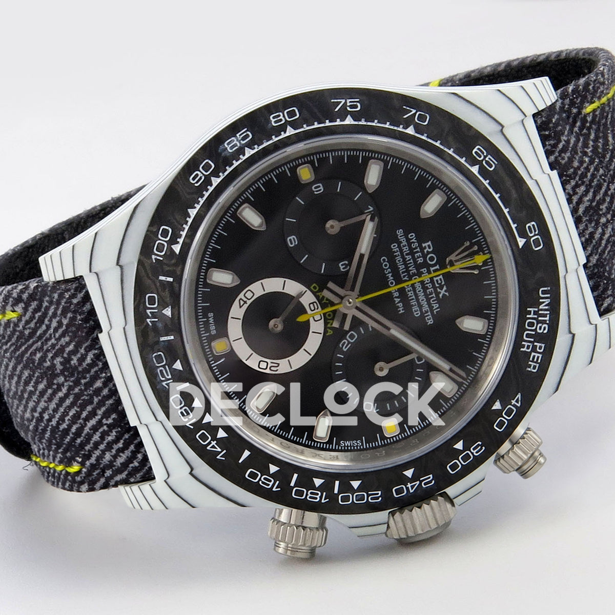 Rolex Daytona DIW White Carbon Black Dial DIWF replica - horizontal front view with gray nylon strap