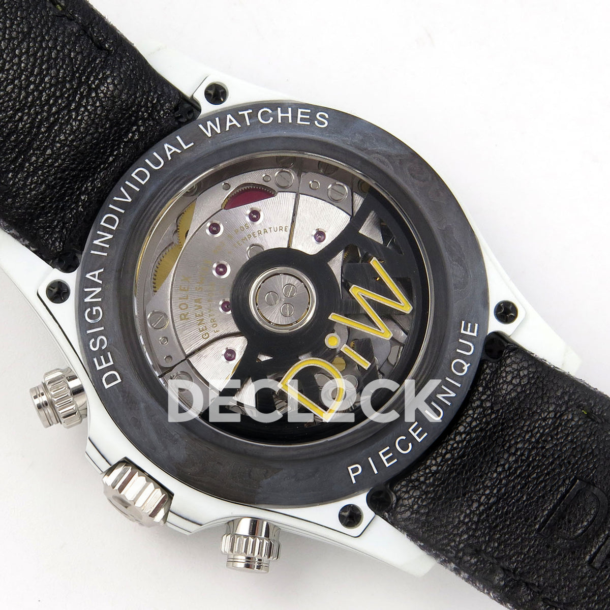 Rolex Daytona DIW White Carbon Black Dial DIWF replica - transparent caseback with Designa Individual Watches and Piece Unique markings