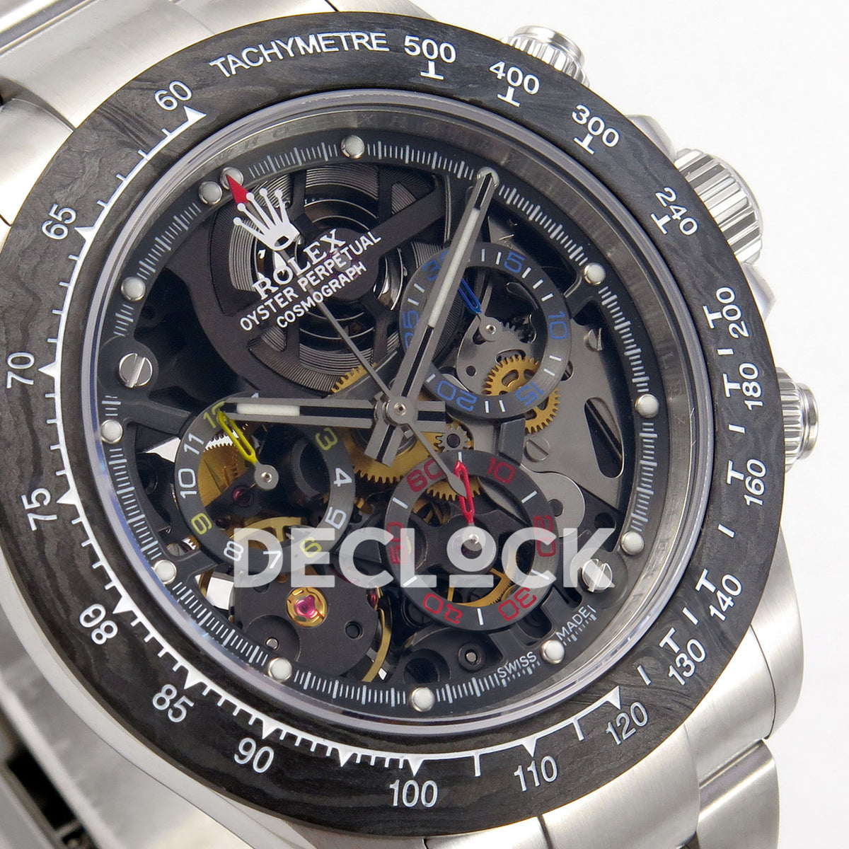 Rolex Daytona La Montoya SONIC black skeleton SA4130 replica - angled dial close up