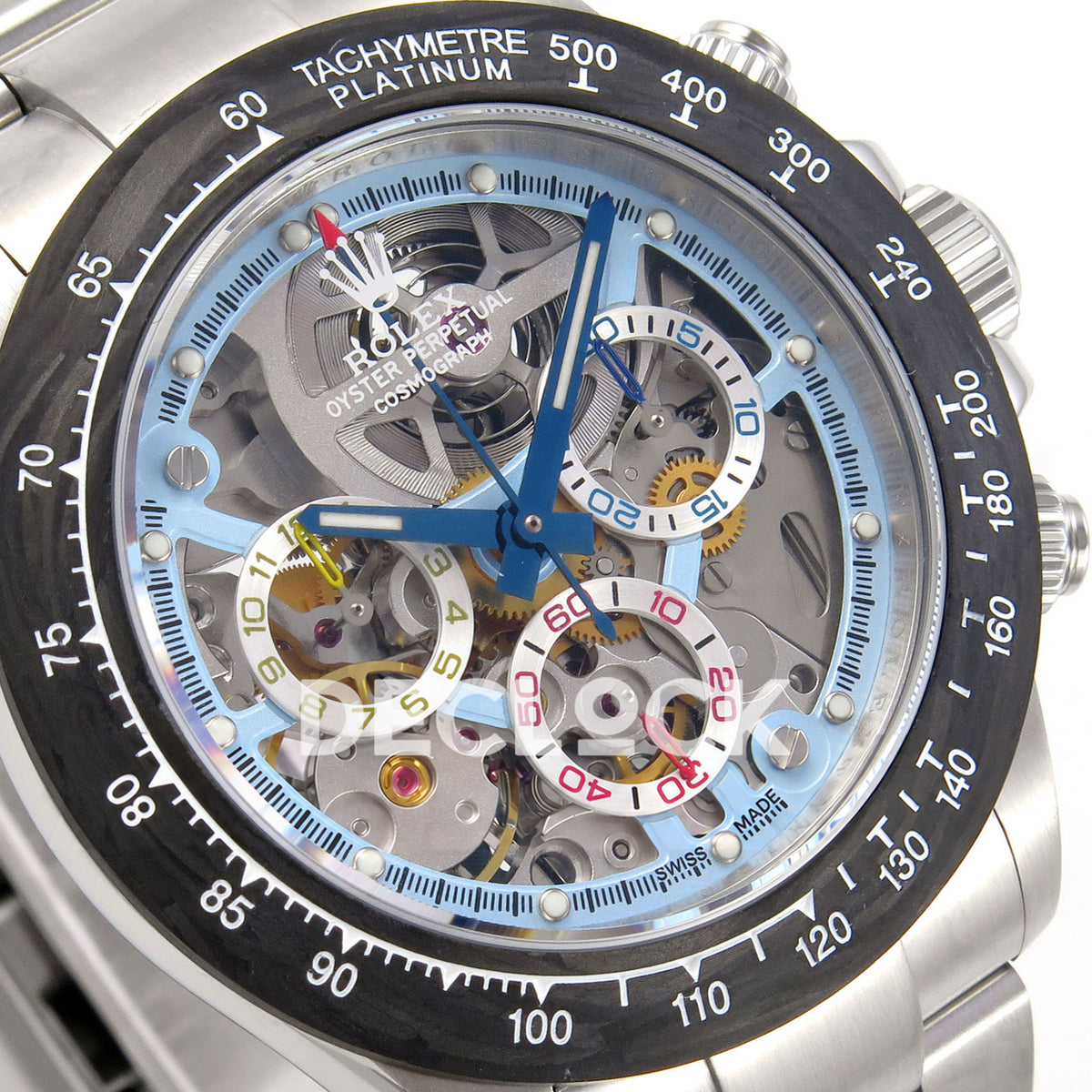 Rolex Daytona La Montoya SONIC blue skeleton SA4130 replica - angled dial close up