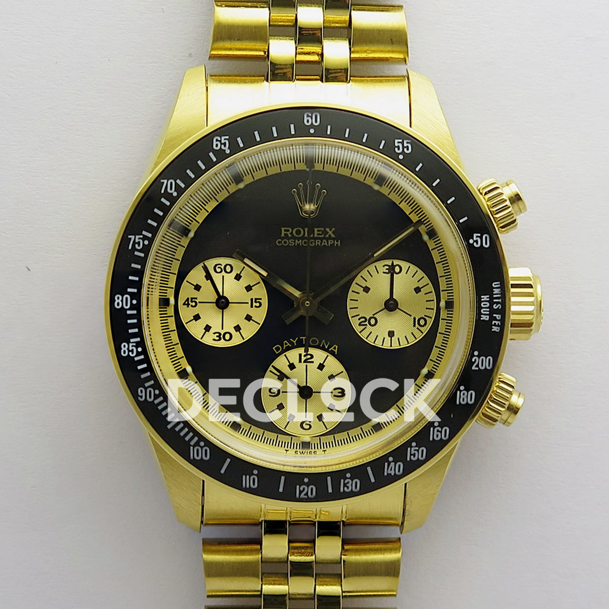 Rolex Daytona Vintage Cosmograph 6239 MSF black gold dial Jubilee Venus 75 replica - front view