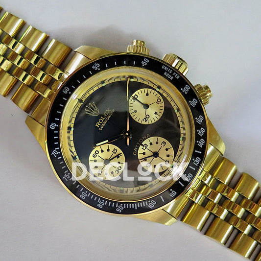 Rolex Daytona Vintage Cosmograph 6239 MSF black gold dial Jubilee Venus 75 replica - angled front view