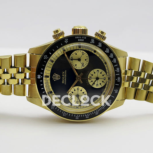 Rolex Daytona Vintage Cosmograph 6239 MSF black gold dial Jubilee Venus 75 replica - horizontal front view