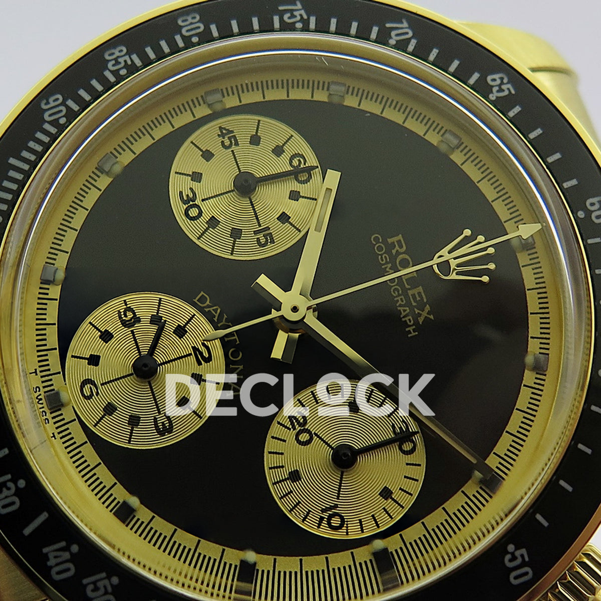 Rolex Daytona Vintage Cosmograph 6239 MSF black gold dial Jubilee Venus 75 replica - angled dial view