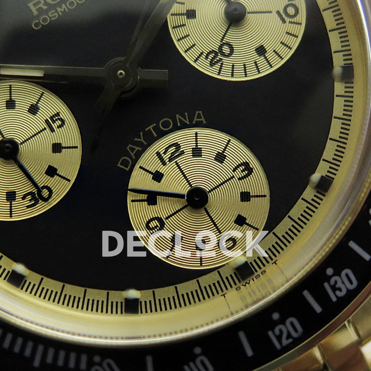 Rolex Daytona Vintage Cosmograph 6239 MSF black gold dial Jubilee Venus 75 replica - lower dial view