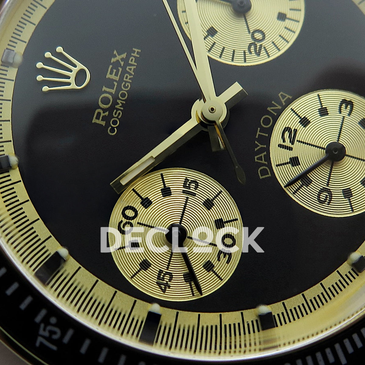 Rolex Daytona Vintage Cosmograph 6239 MSF black gold dial Jubilee Venus 75 replica - opposite dial view