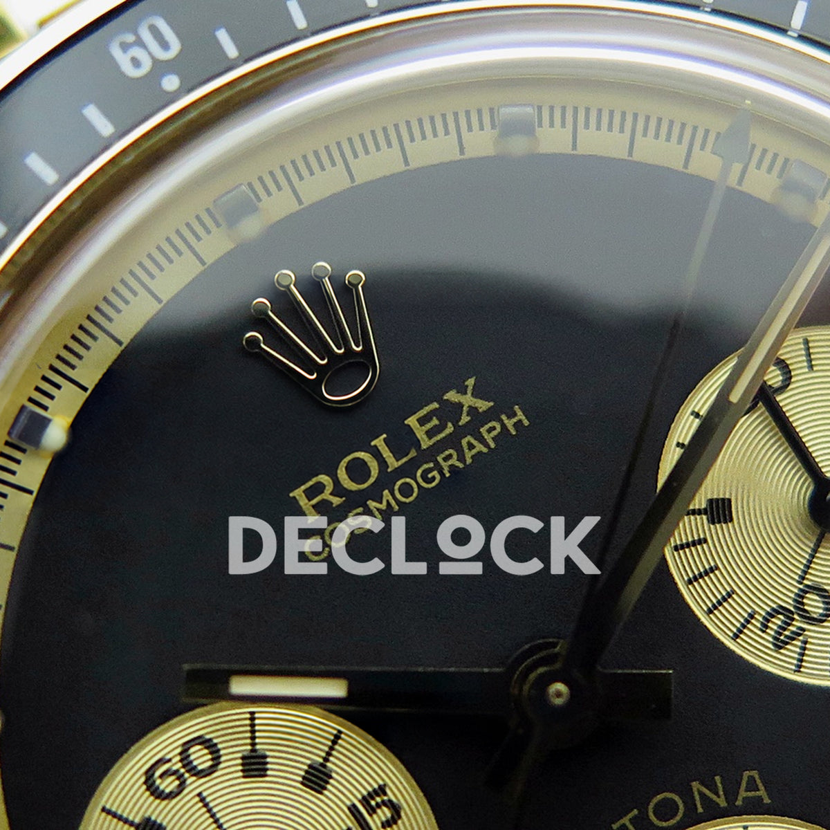 Rolex Daytona Vintage Cosmograph 6239 MSF black gold dial Jubilee Venus 75 replica - upper dial view