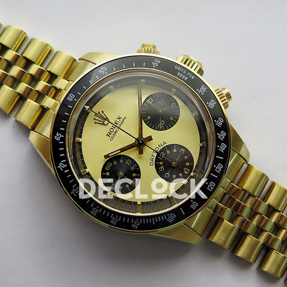 Rolex Daytona Vintage Cosmograph 6239 MSF gold black dial Jubilee Venus 75 replica - front view