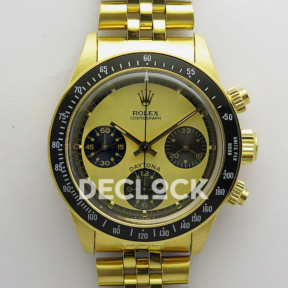 Rolex Daytona Vintage Cosmograph 6239 MSF gold black dial Jubilee Venus 75 replica - angled front view