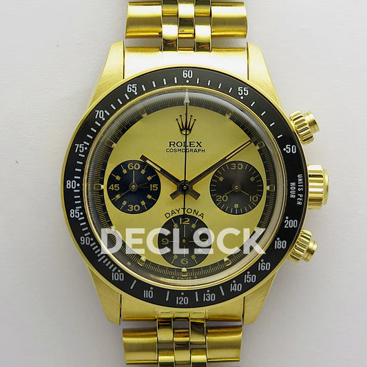 Rolex Daytona Vintage Cosmograph 6239 MSF gold black dial Jubilee Venus 75 replica - angled front view
