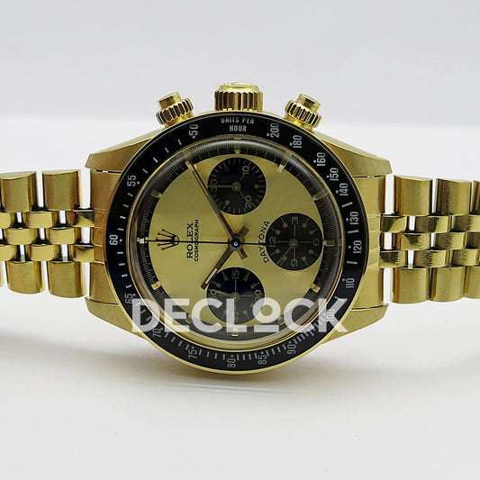 Rolex Daytona Vintage Cosmograph 6239 MSF gold black dial Jubilee Venus 75 replica - horizontal front view