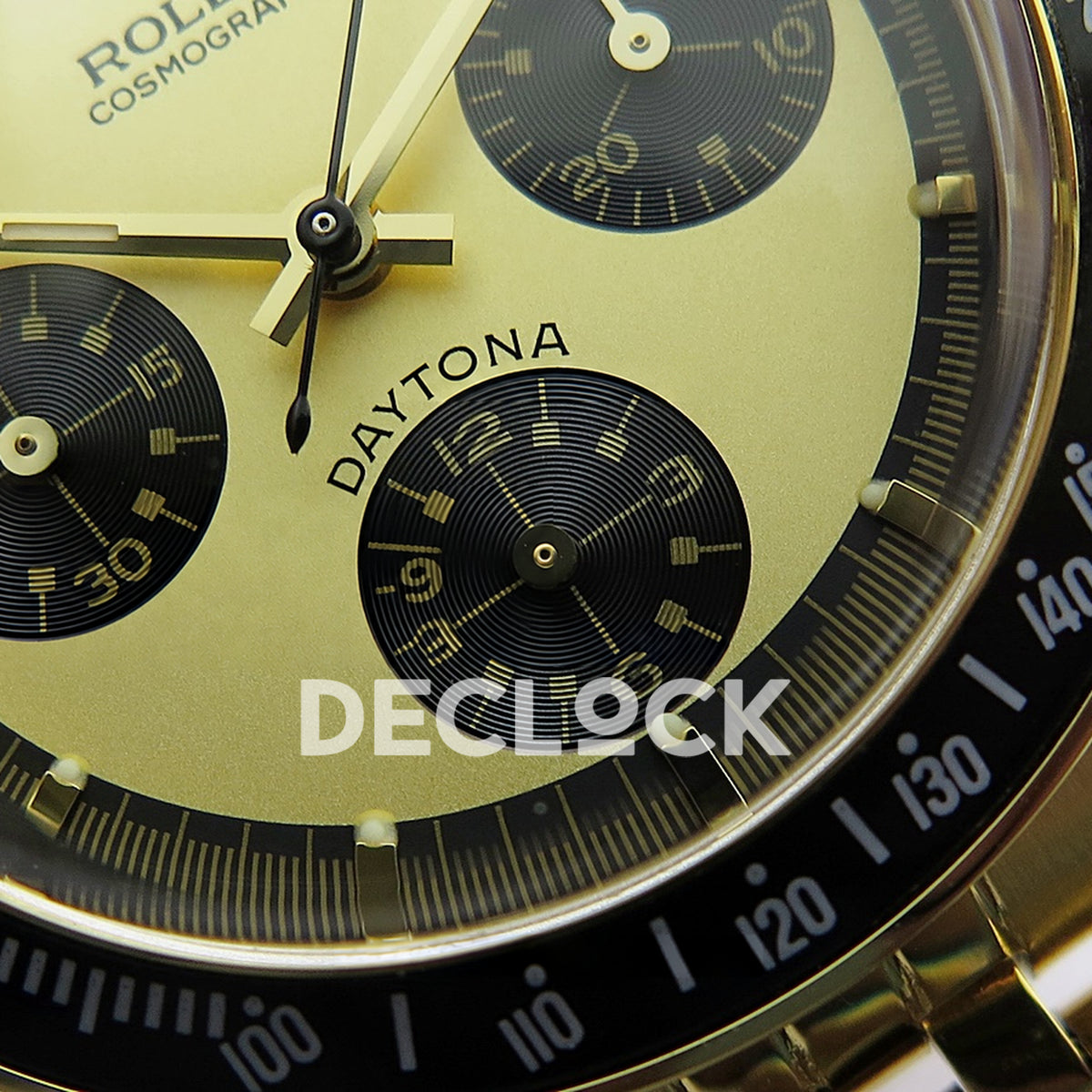 Rolex Daytona Vintage Cosmograph 6239 MSF gold black dial Jubilee Venus 75 replica - lower dial view