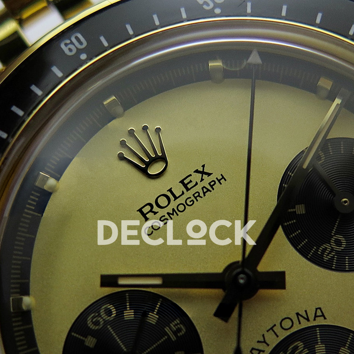 Rolex Daytona Vintage Cosmograph 6239 MSF gold black dial Jubilee Venus 75 replica - upper dial view