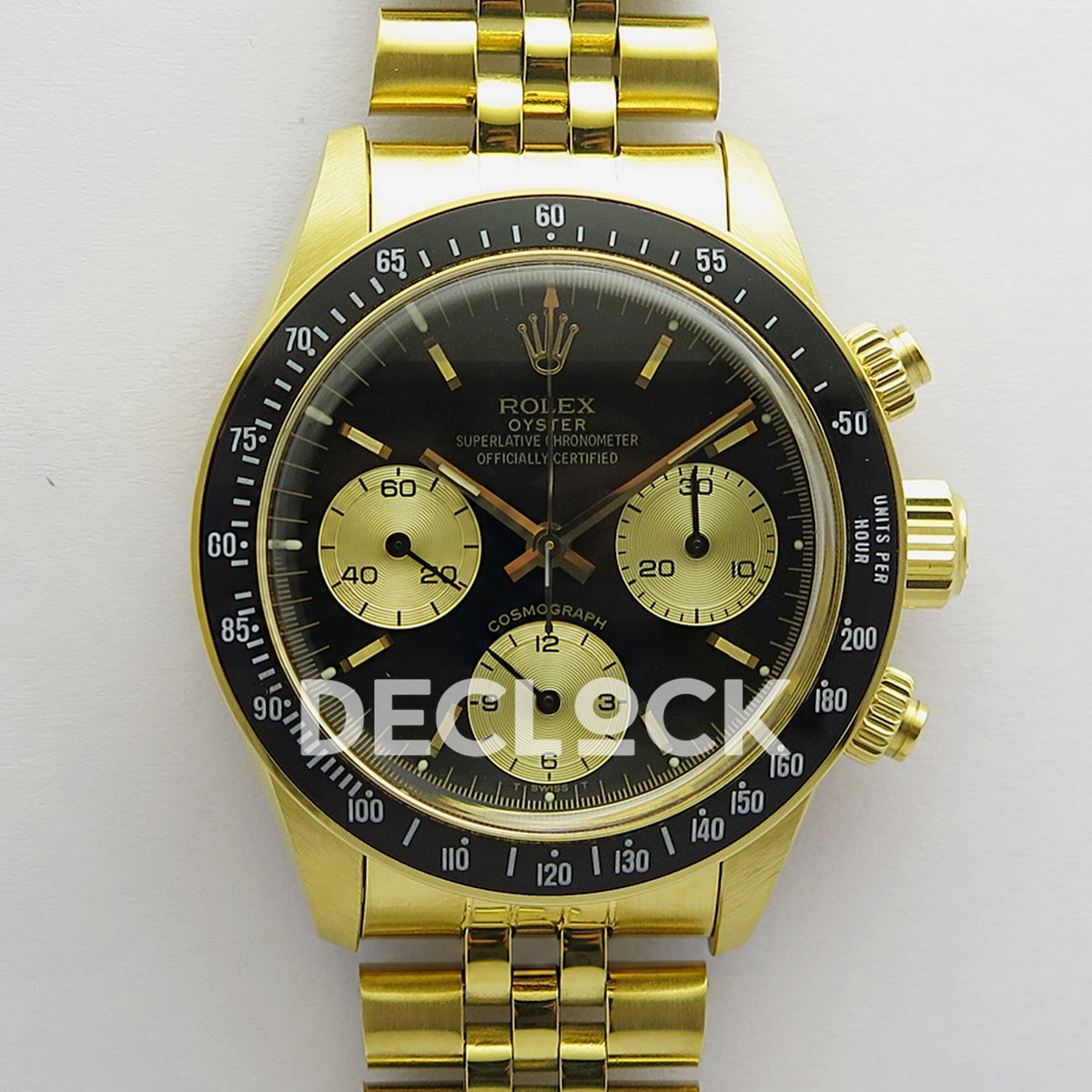 Rolex Daytona Vintage 6239 MSF black and gold dial Jubilee Venus 75 replica - front view