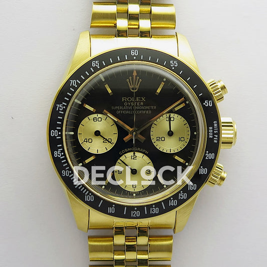 Rolex Daytona Vintage 6239 MSF black and gold dial Jubilee Venus 75 replica - front view