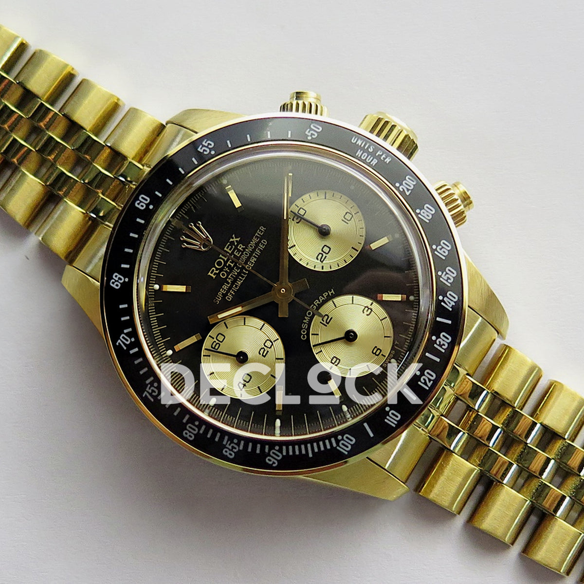 Rolex Daytona Vintage 6239 MSF black and gold dial Jubilee Venus 75 replica - angled front view