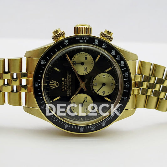 Rolex Daytona Vintage 6239 MSF black and gold dial Jubilee Venus 75 replica - horizontal front view