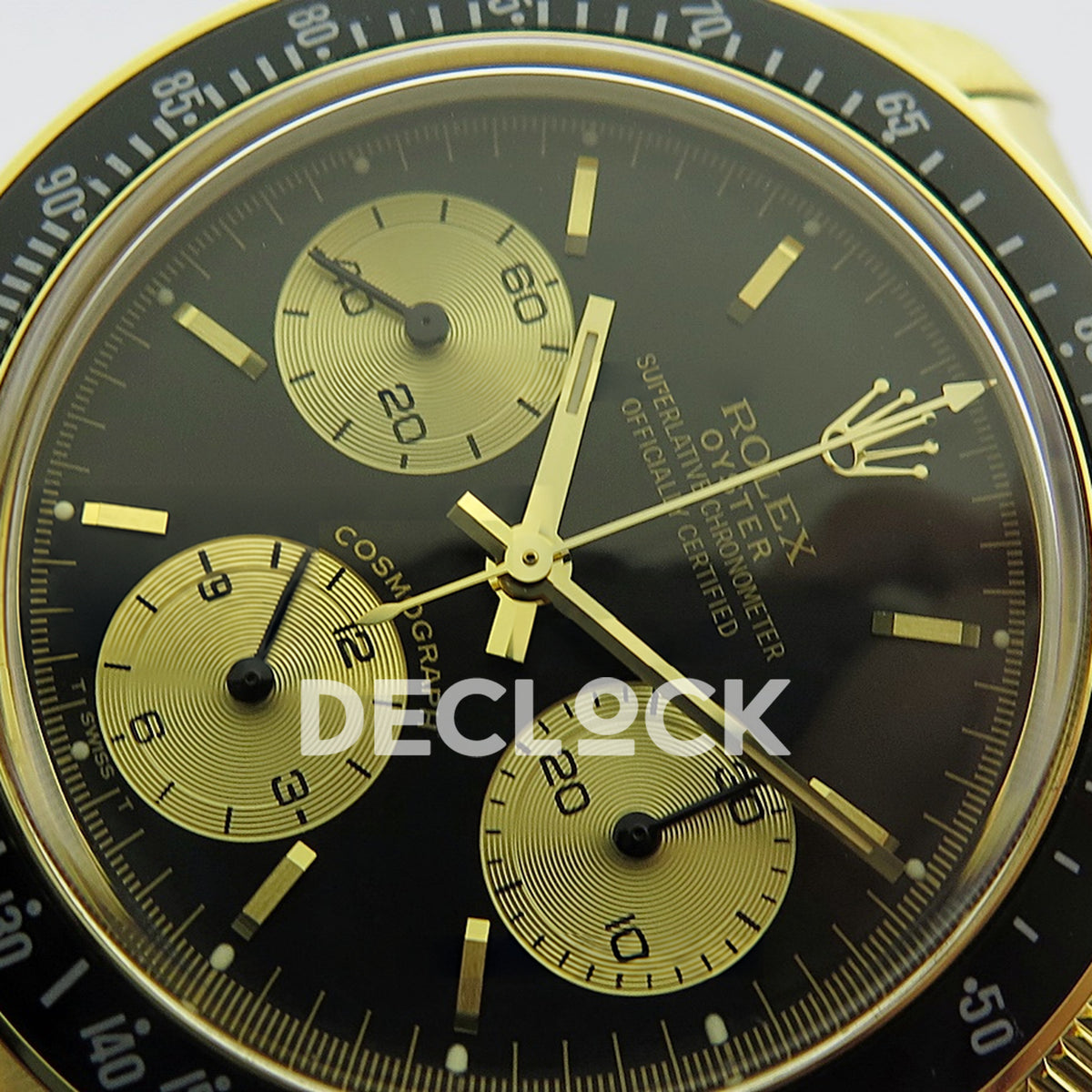 Rolex Daytona Vintage 6239 MSF black and gold dial Jubilee Venus 75 replica - angled dial view