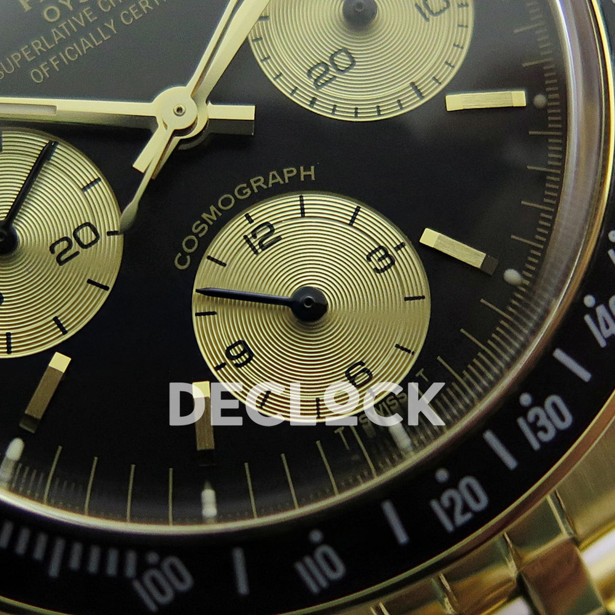 Rolex Daytona Vintage 6239 MSF black and gold dial Jubilee Venus 75 replica - lower dial view