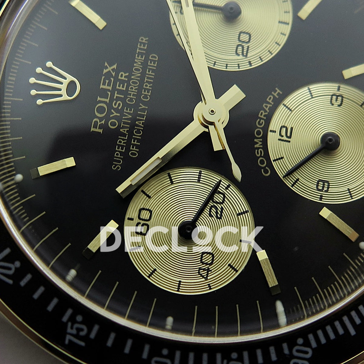Rolex Daytona Vintage 6239 MSF black and gold dial Jubilee Venus 75 replica - opposite dial view