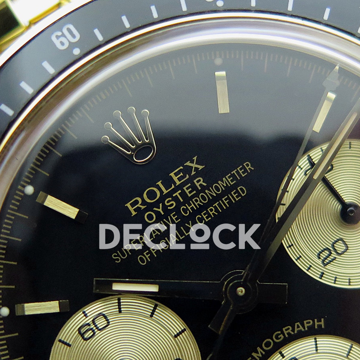 Rolex Daytona Vintage 6239 MSF black and gold dial Jubilee Venus 75 replica - upper dial view