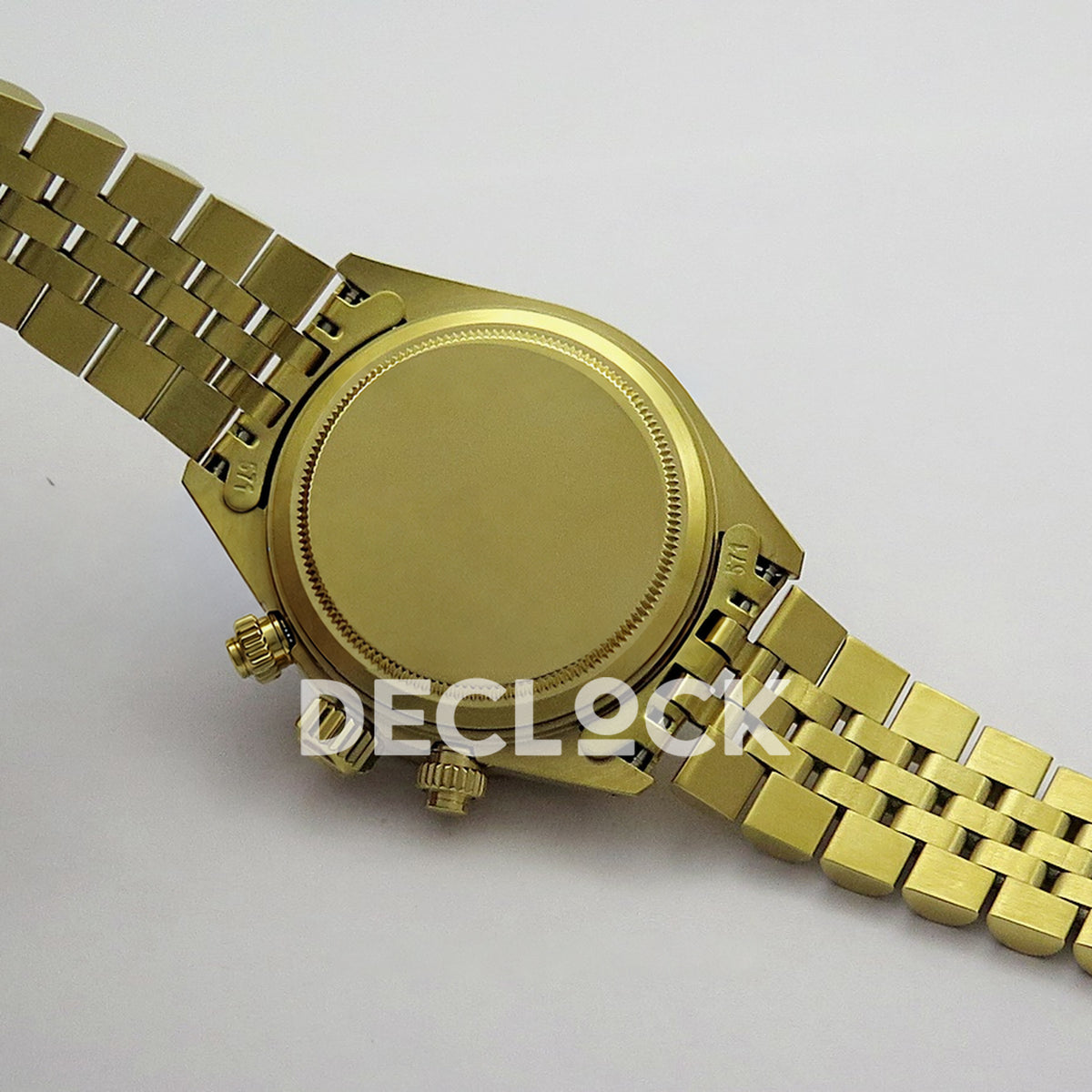 Rolex Daytona Vintage 6239 MSF black and gold dial Jubilee Venus 75 replica - caseback view