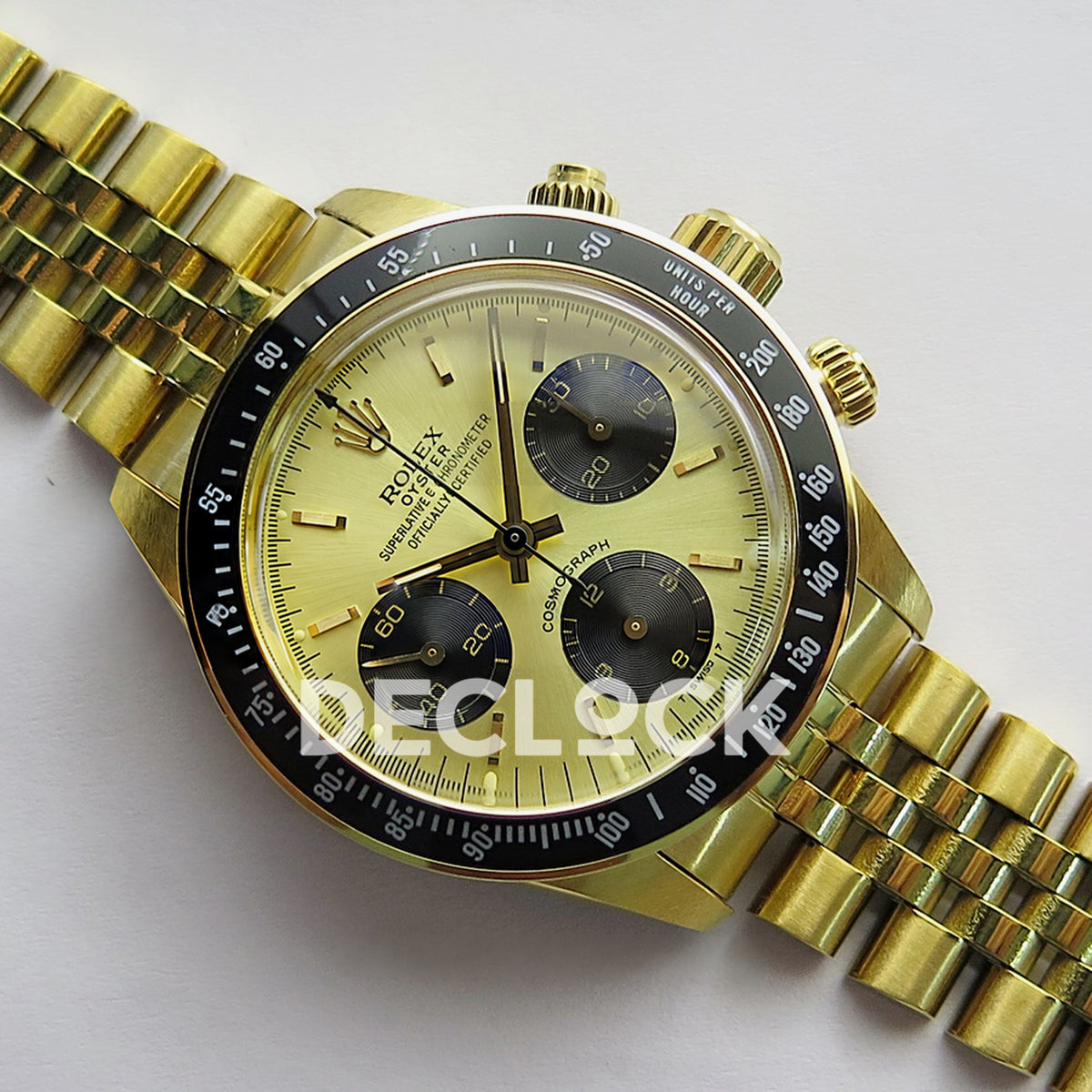 Rolex Daytona Vintage 6239 MSF gold black dial Jubilee Venus 75 replica - angled front view