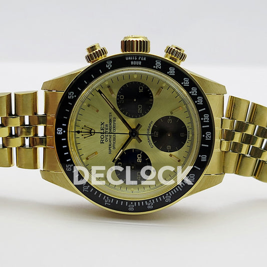 Rolex Daytona Vintage 6239 MSF gold black dial Jubilee Venus 75 replica - horizontal front view