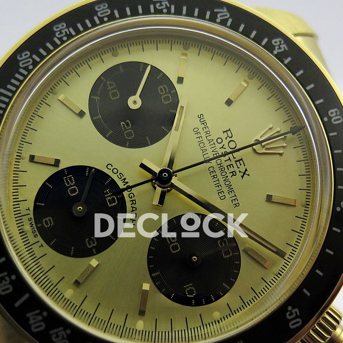 Rolex Daytona Vintage 6239 MSF gold black dial Jubilee Venus 75 replica - angled dial view