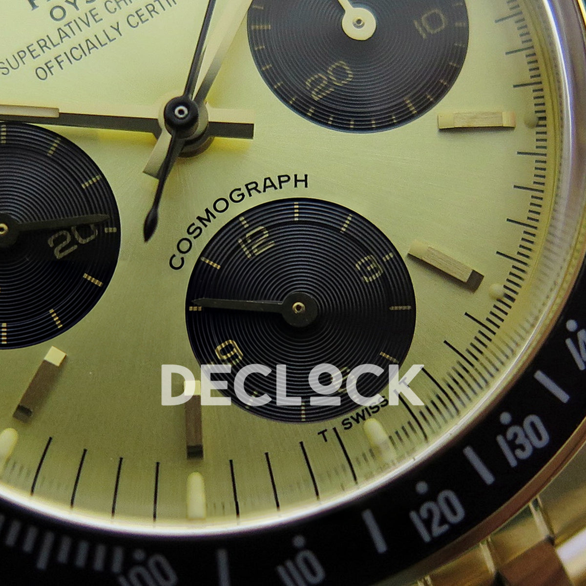Rolex Daytona Vintage 6239 MSF gold black dial Jubilee Venus 75 replica - lower dial view