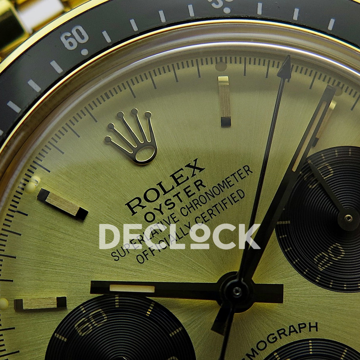 Rolex Daytona Vintage 6239 MSF gold black dial Jubilee Venus 75 replica - upper dial view