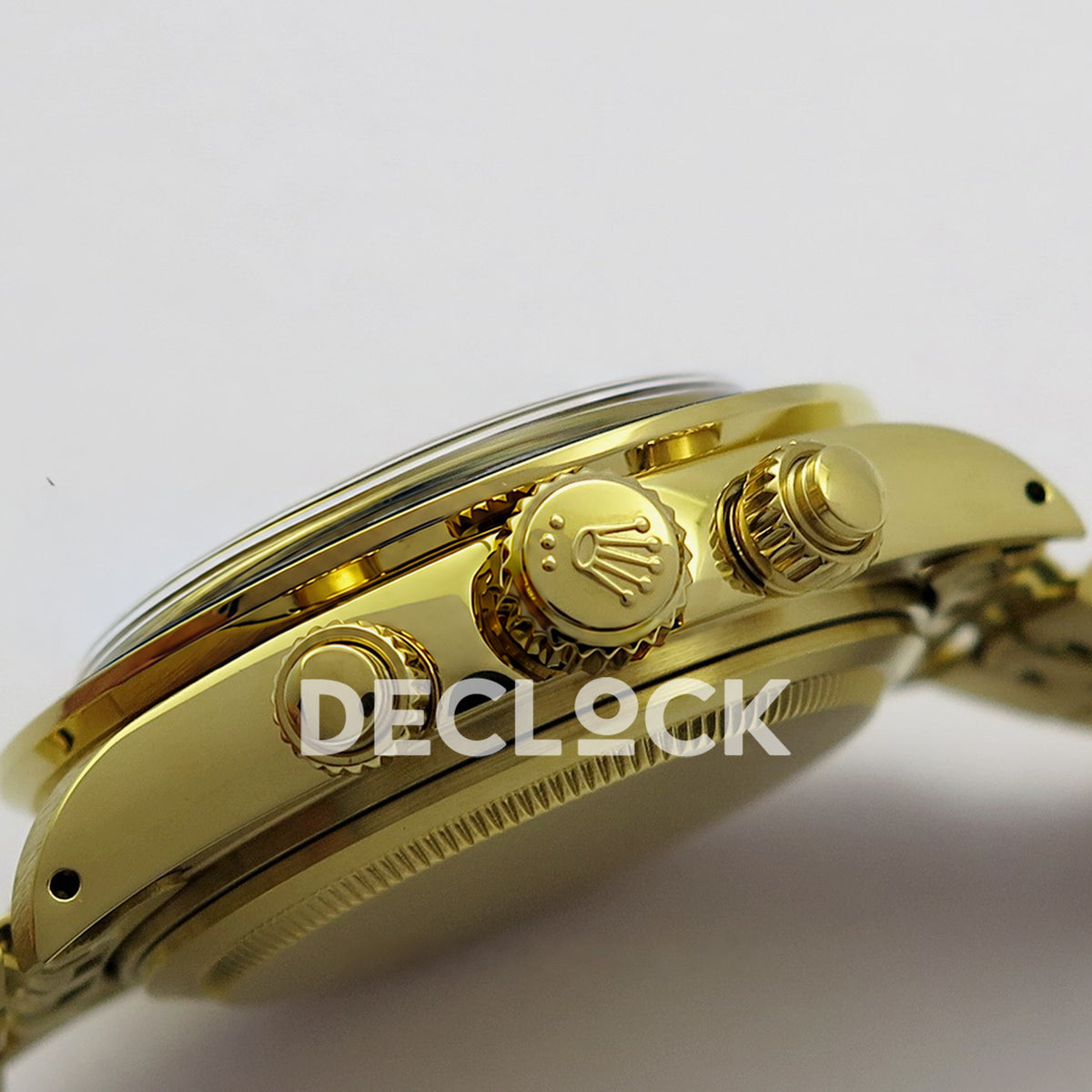 Rolex Daytona Vintage 6239 MSF gold black dial Jubilee Venus 75 replica - crown side view