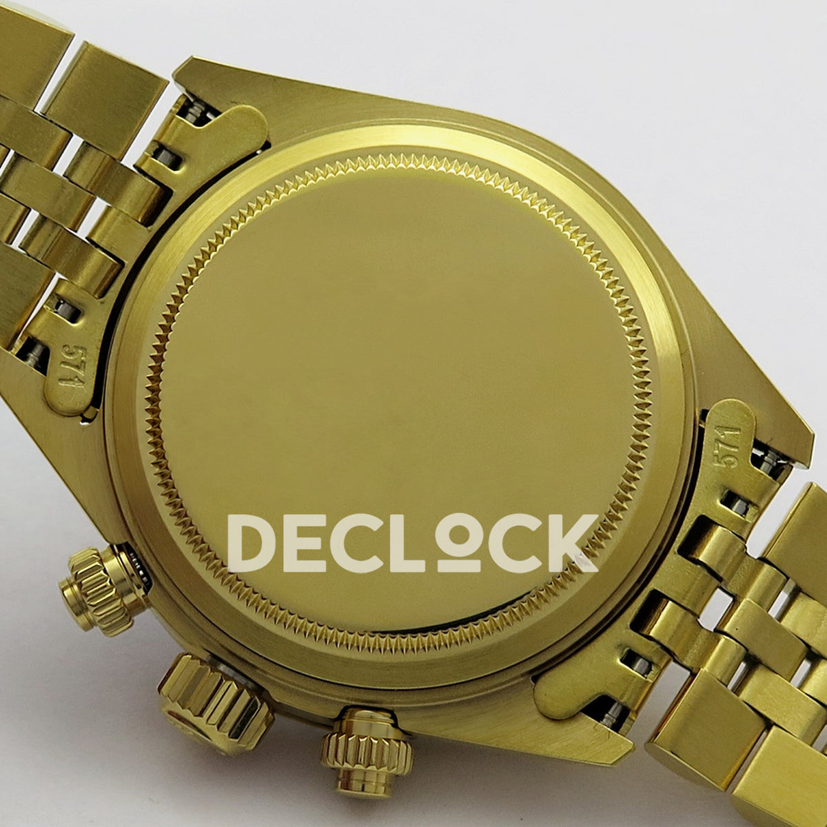 Rolex Daytona Vintage 6239 MSF gold black dial Jubilee Venus 75 replica - caseback close up view