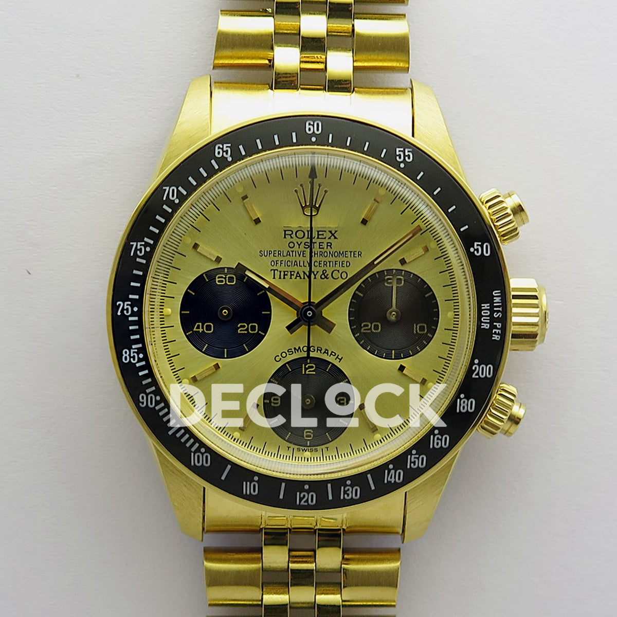 Rolex Daytona Vintage Tiffany 6239 MSF gold black dial Jubilee Venus 75 replica - front view