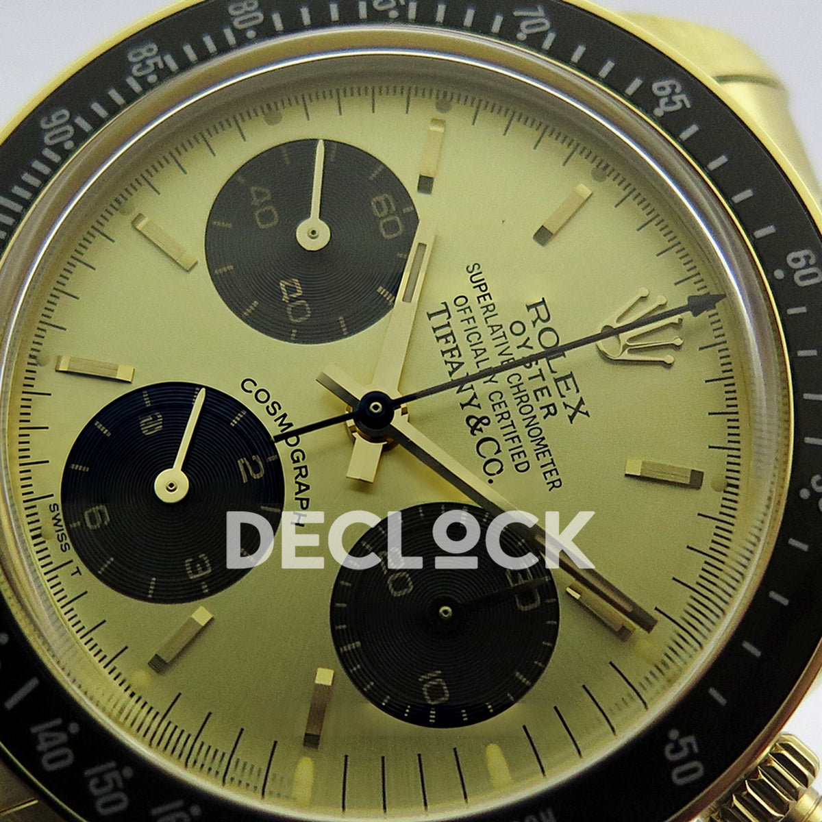 Rolex Daytona Vintage Tiffany 6239 MSF gold black dial Jubilee Venus 75 replica - angled dial view