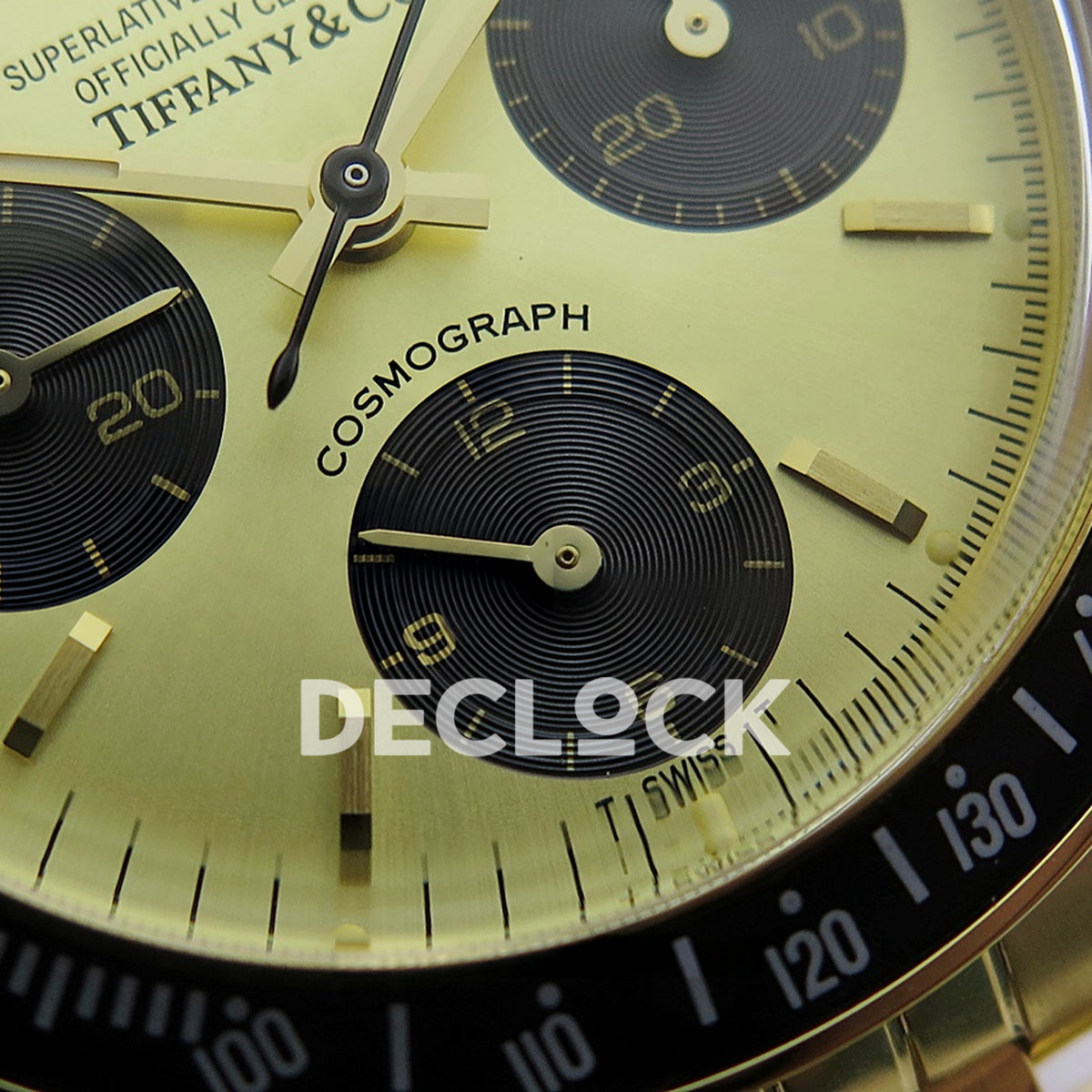Rolex Daytona Vintage Tiffany 6239 MSF gold black dial Jubilee Venus 75 replica - lower dial view
