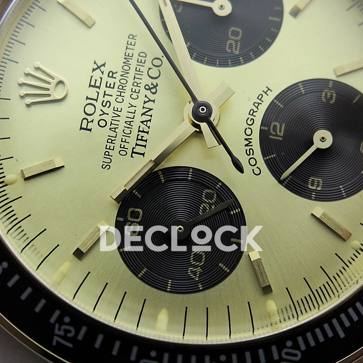 Rolex Daytona Vintage Tiffany 6239 MSF gold black dial Jubilee Venus 75 replica - opposite dial view