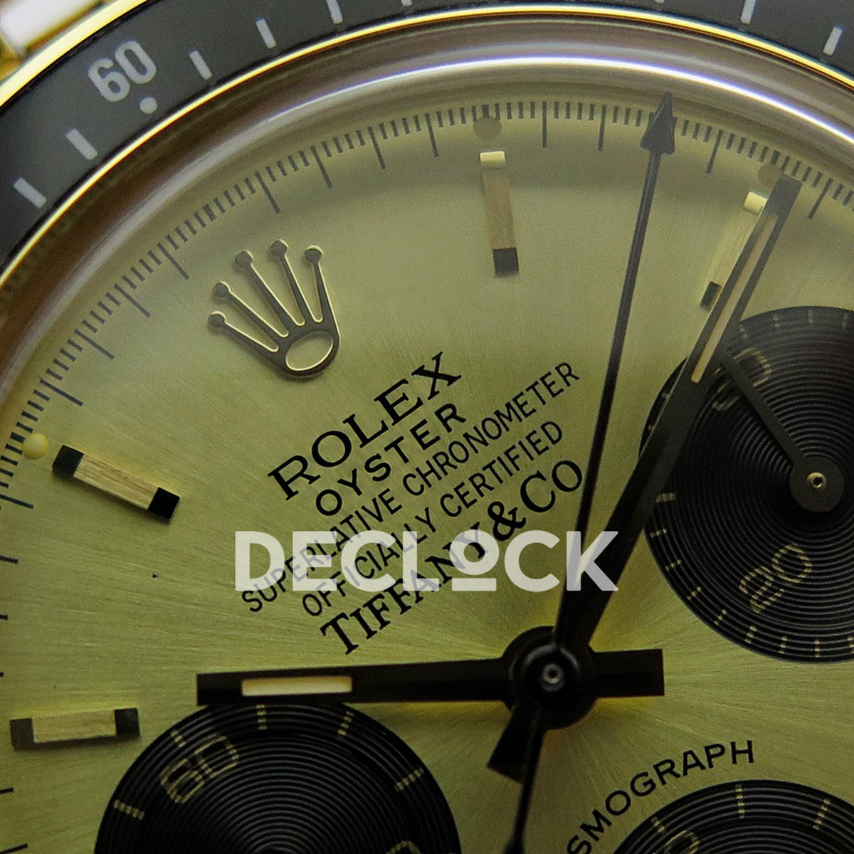 Rolex Daytona Vintage Tiffany 6239 MSF gold black dial Jubilee Venus 75 replica - upper dial view